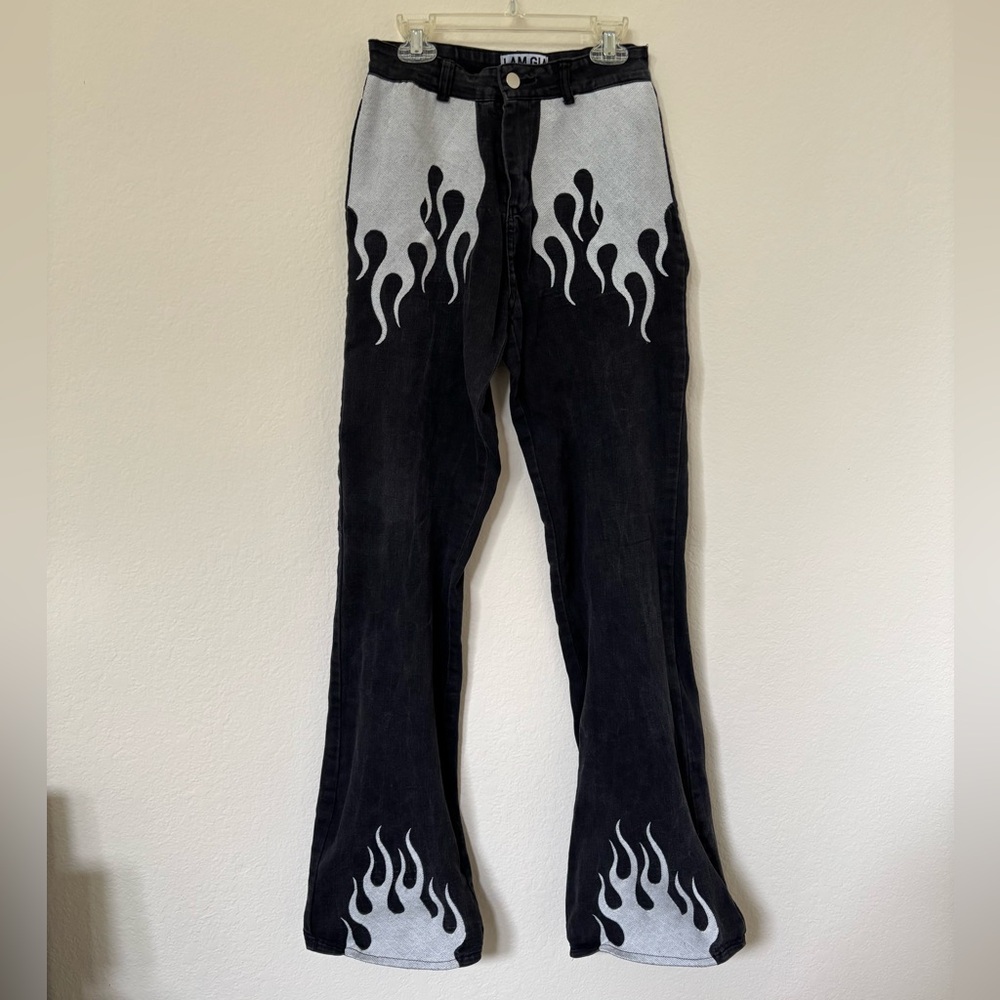 I.Am.Gia Black White Flame Embroidered Flare Denim Jeans